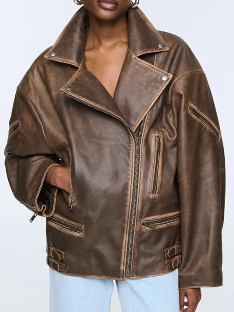Spring Retro Brown Zipper Leather Jacket Fashion Woman Loose Casual Pocket Lapel Coats 2025 Ladies Chic Commute Outerwears 250103