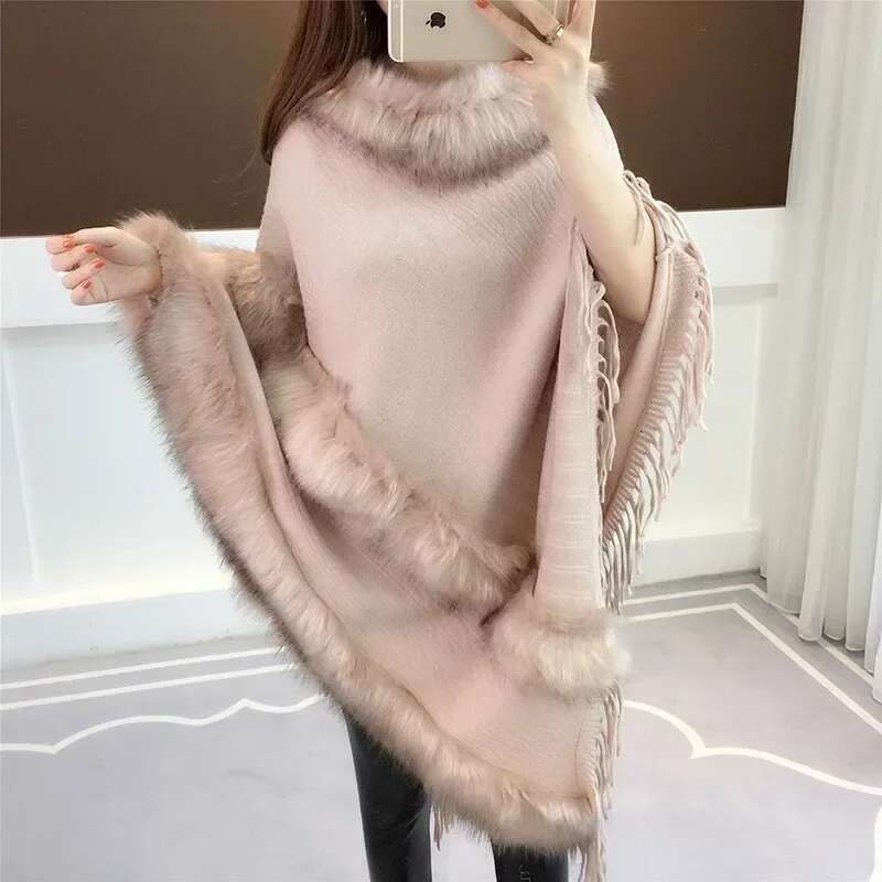 Autumn/Winter New Fringed Mantle Women's Medium-Length Pullover Knit Batik Sweater Sleeveless Fair Isle Knitwear