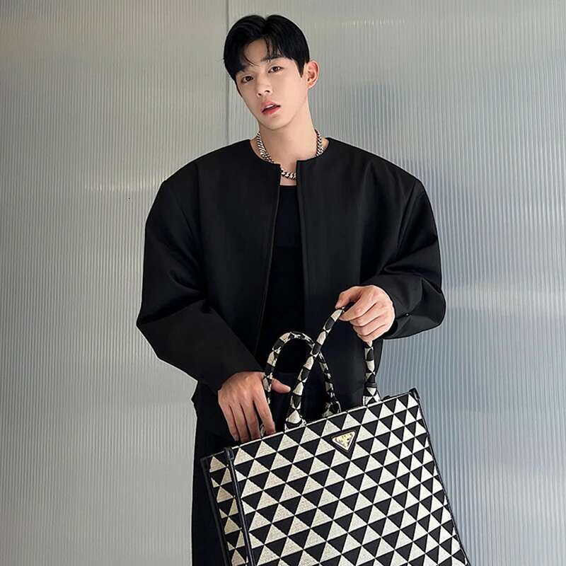 Men Short Jacket Autumn New Niche Design Korean Style Collarless Double Head Zipper Suit Coat Personality Clothing