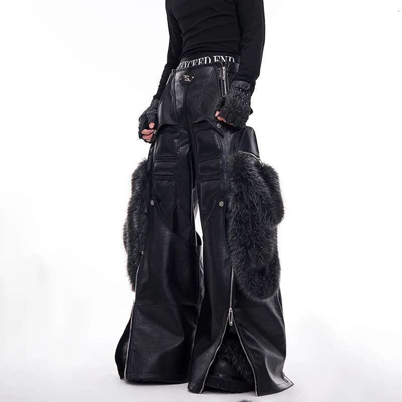 Autumn Original Designer New In Faux Leather Trousers Detachable Splicing Imitation Fur Pants High End Street