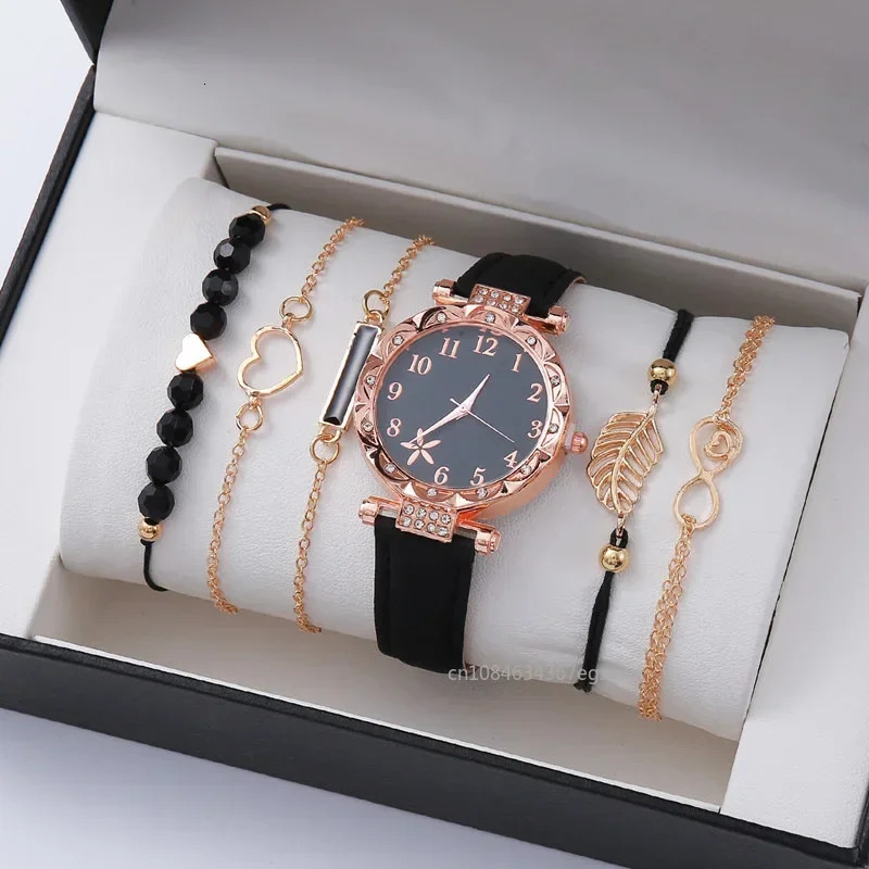 6PCS Set Watch For Women Leather Analog Ladies Quartz Wrist Fashion Bracelet Female Relogio Feminino 241228