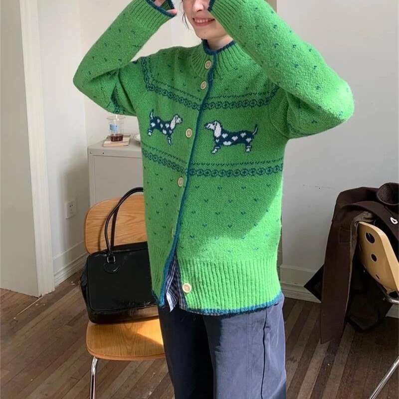 Deeptown Vintage Fair Isle Knitted Cardigan Women Sausage Dog Embroidery Christmas Long Sleeve Sweater Haruku Loose Winter