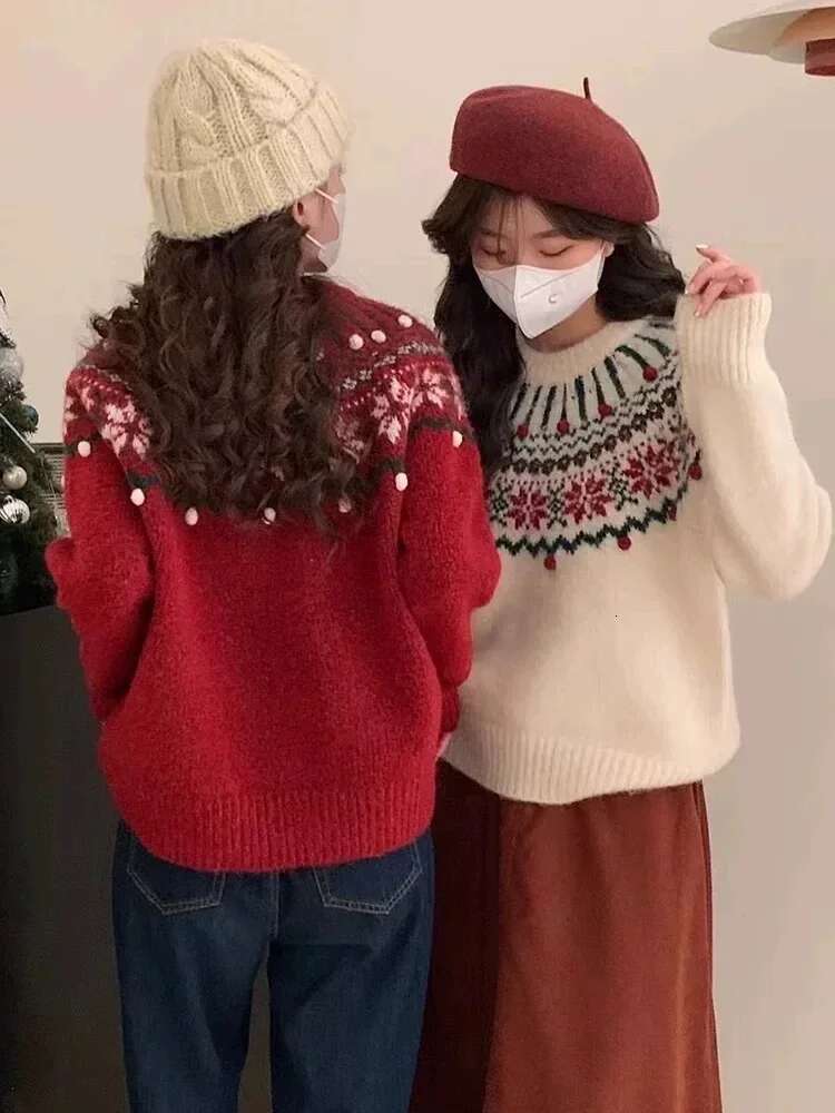 Retro Jacquard Christmas New Year Red Fair Isle Sweater For Women Loose Autumn And Winter Thickened Inner Knitted Top