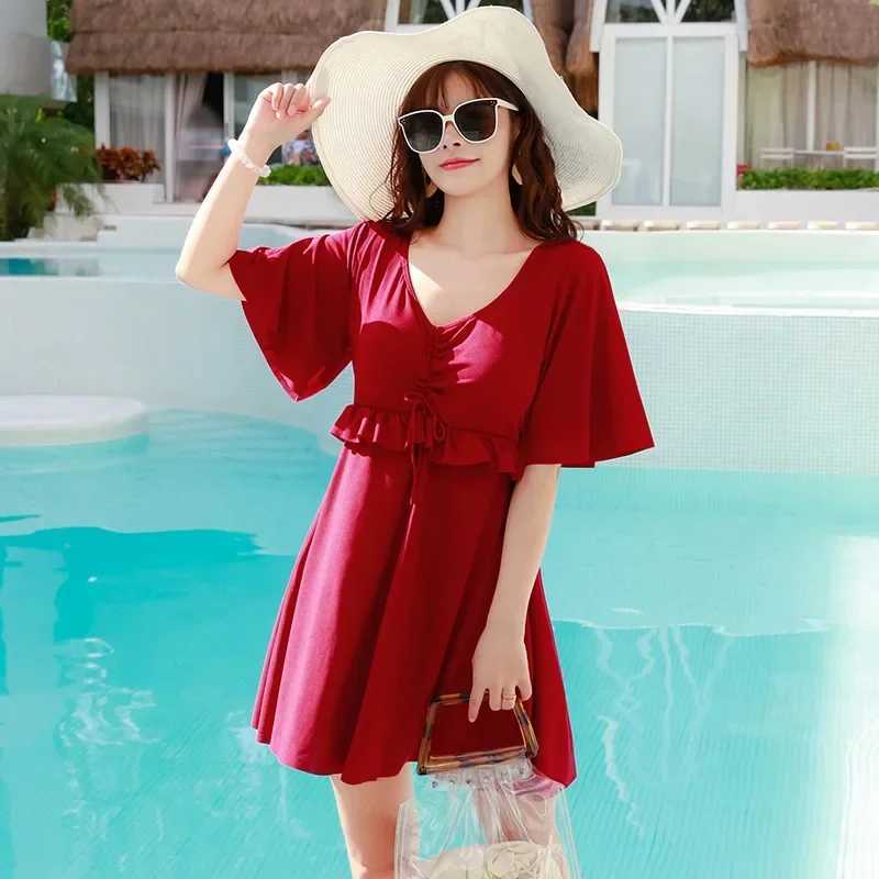 One Piece Swimsuit Women Push Up Conservative Swimwear Elastic Bathing Suit Fa Solid Large Beachwear 2022 Monokini Plus SizeXJ240108
