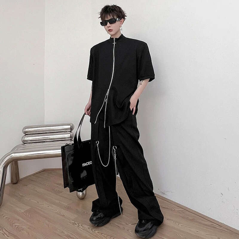Fashion New Double Zipper Design Short Sleeve Tops Men's High Street Trendy Original Solid Color Male T-Shirt