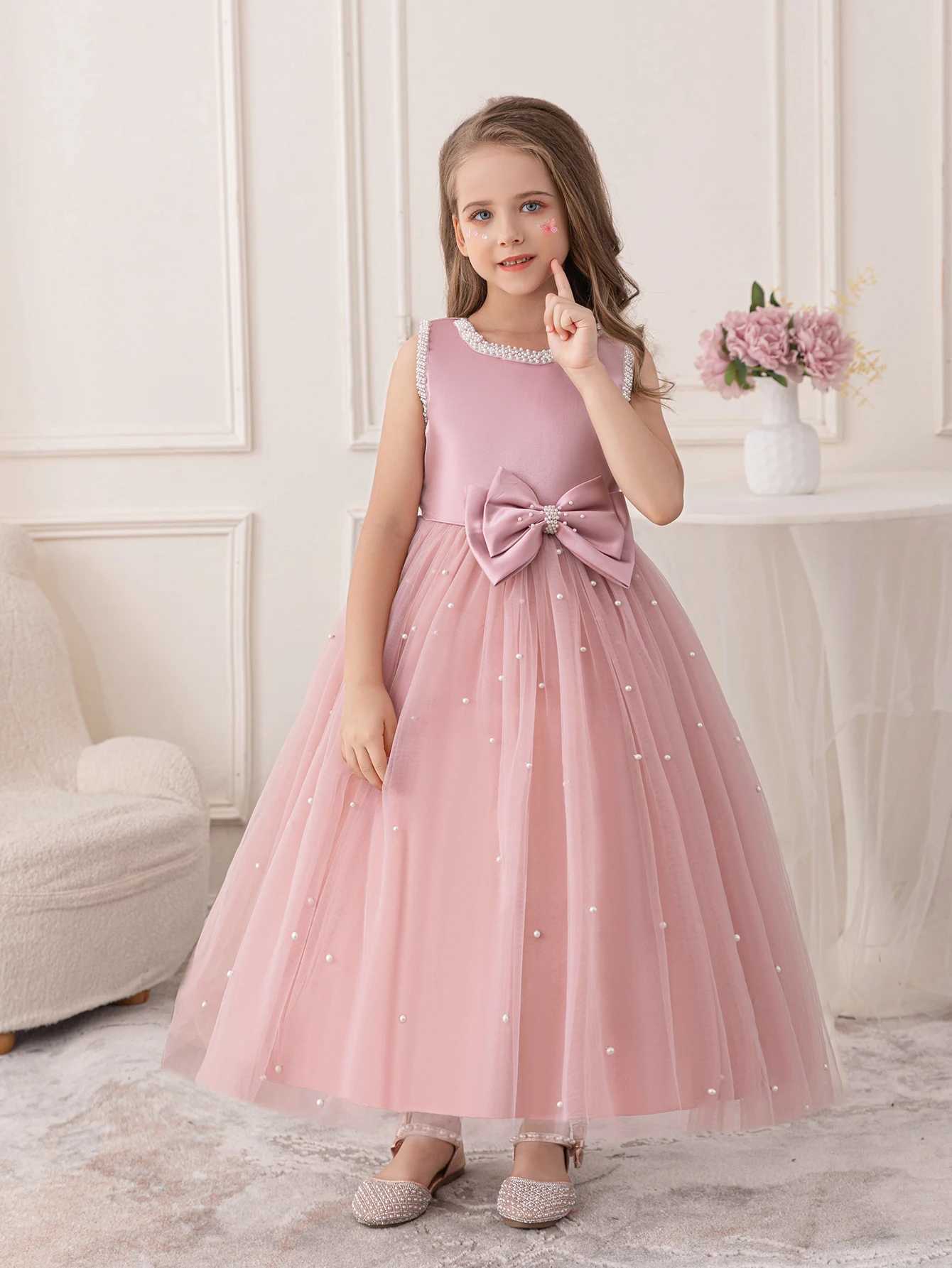 Teen Girls Pink Dress for The Birthday Par A Long Shaggy Gauze Skirt DressXJ250108