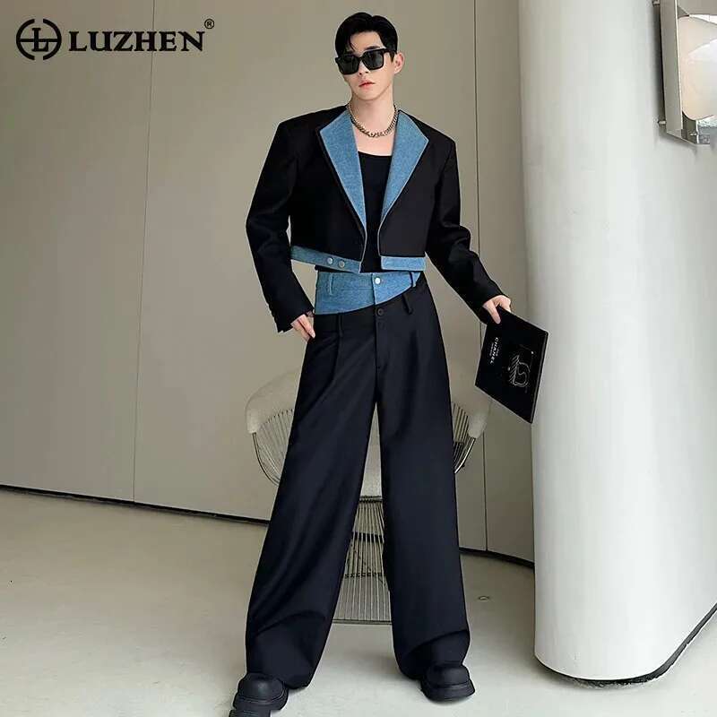 Denim Patchwork Short Suit Jackets Elegant Two Piece Color Contrast Design Personalized Trendy Straight Pants Sets