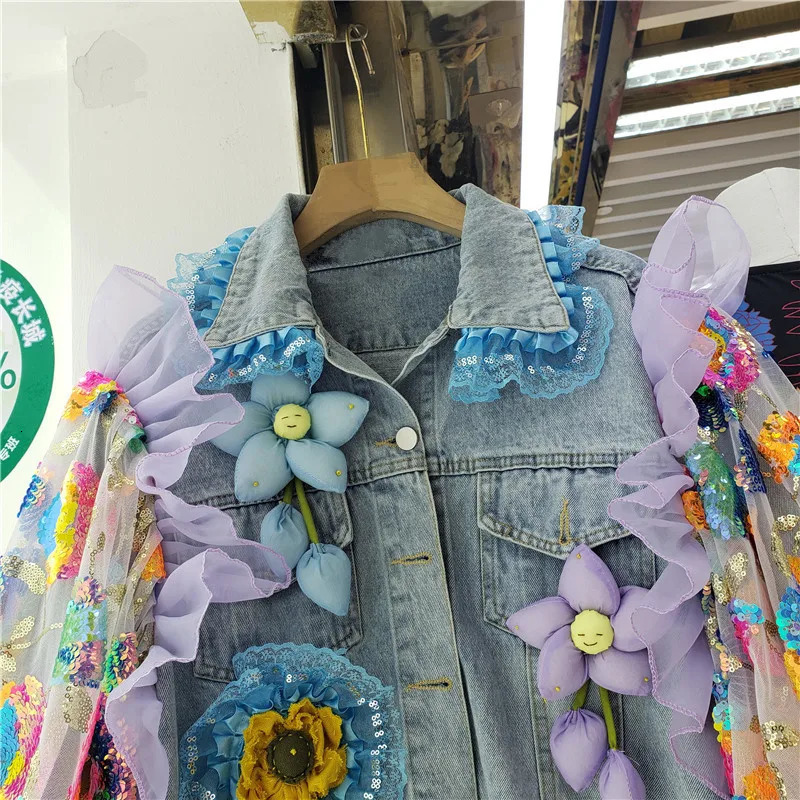 Fashion Hem Burrs Denim Jacket Women Sequins Mesh Lantern Sleeve Big Pocket Cowboy Outerwear Loose Short Jeans Jackets Female 250109