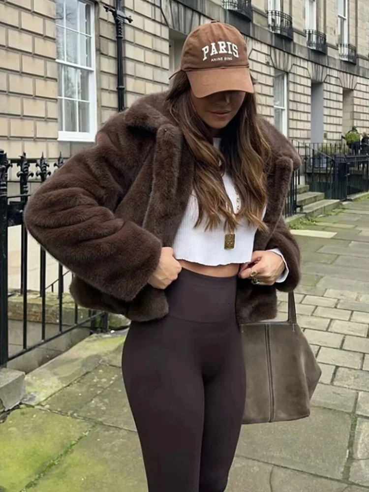 ZBZA Womens Faux Fur Cropped Jacket Coat Warm Retro Lapel Long Sleeve Solid Side Pockets Casual OverCoat Winter Chic 250103