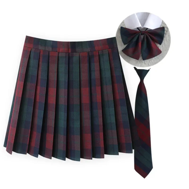 Women Summer Plaid Pleated Skirt With Necktie Bowtie Korean Jk Uniform Japanese School Preppy A Line Mini Skirts 250106