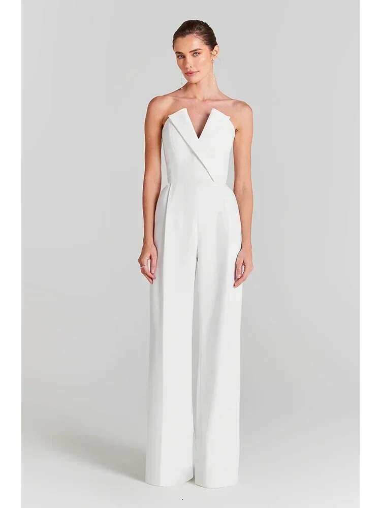 Sexy Long Sleeves Mesh Pearl Beaded Bodysuits+Strapless Two Piece Women White Jumpsuit Suits Evening Runway Sets