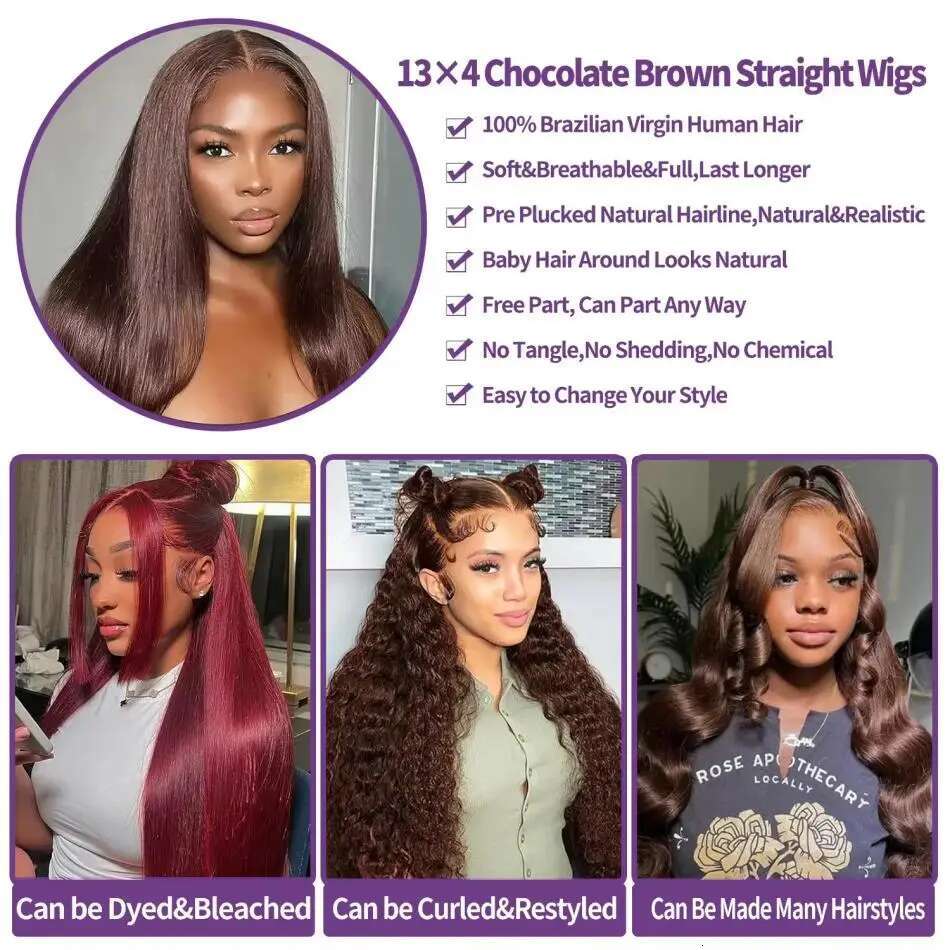 13X6 Chocolate Brown Front Wigs 13X4 Bone Straight Human Hair 30 32 Inch Lace Frontal Colored Wig 100% Brazilian For Women