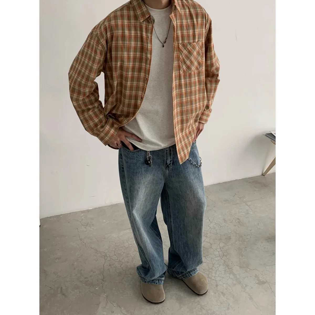 Mens jeans denim wide leg pants floor length pants spliced high waist loose casual straight pockets button pockets autumn and winter M250109