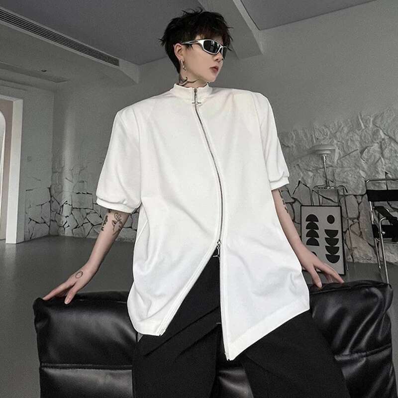 Fashion New Double Zipper Design Short Sleeve Tops Men's High Street Trendy Original Solid Color Male T-Shirt