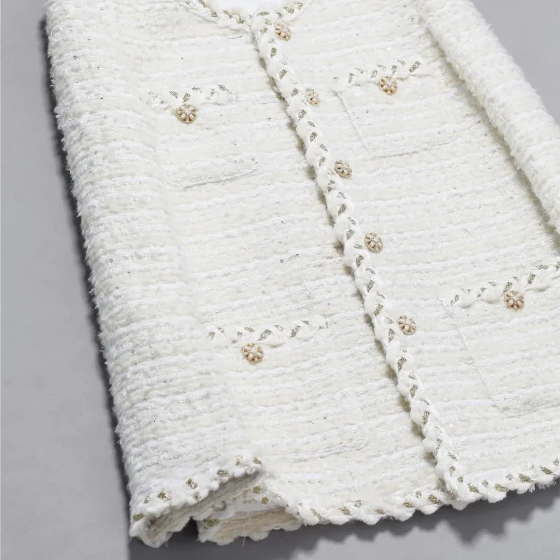 Beige womens tweed jacket autumn/winter Coat tassel n small fragrant jacket One piece classic top 250109