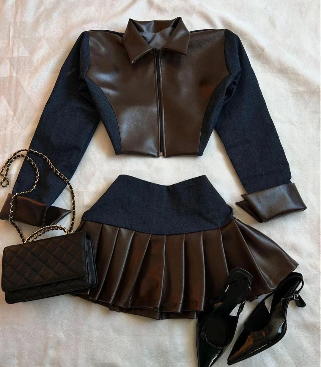 Gothic Fashion Leather Patchwork Two Piece Clothing Set Women Sweetheart Harajuku Gothic Leather Jacket Casual Skirt Set 250109
