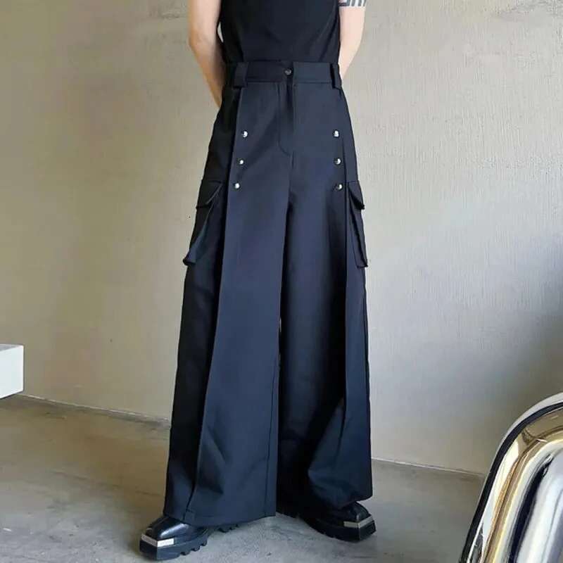Stylish Original Baggy Straight Trousers Men's Elegant Splicing Design Solid Color Multi Pockets Trendy Pants