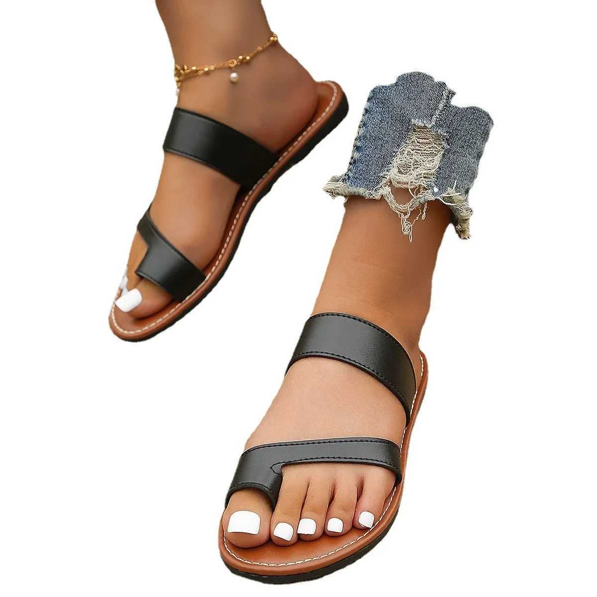 New Arrival Fashionable womens open flat slider - sliding solid color ankle strap casual beach sandals suitable for daily wear T250108