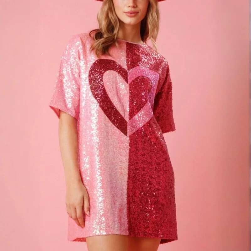 Qing Y2k Party Women Valentines Day Sequins Heart Print Round Neck Half Sleeve Short Mini Dress Fashion Club Dresses