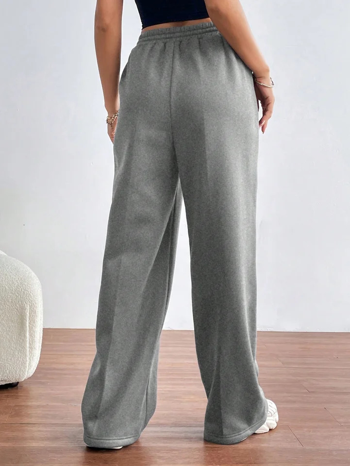 Women Wide Leg Sweetpants Winter Thick Casual Pants Straight Elastic Waist Drawstring Fitness Joggers Travel Basic 250106