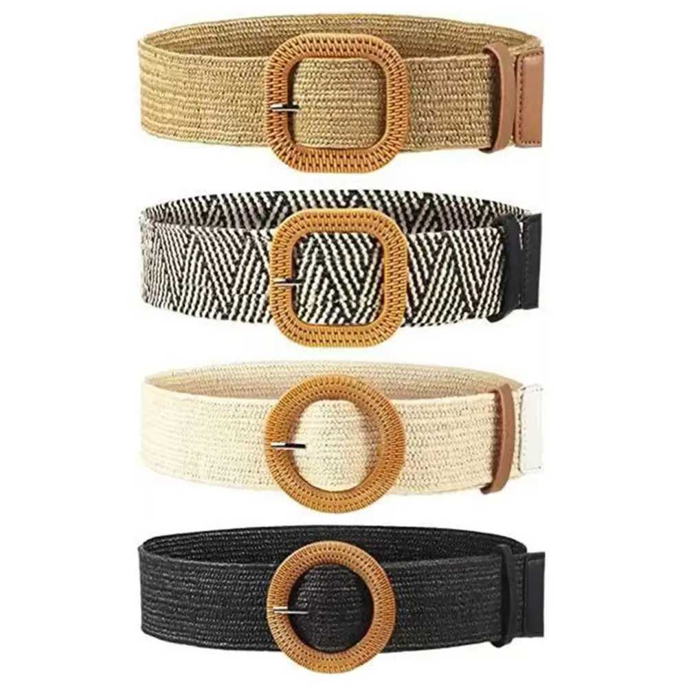 Fashionable womens casual bohemian wide waistband summer woven waistband buckle elastic womens grass belt W250109