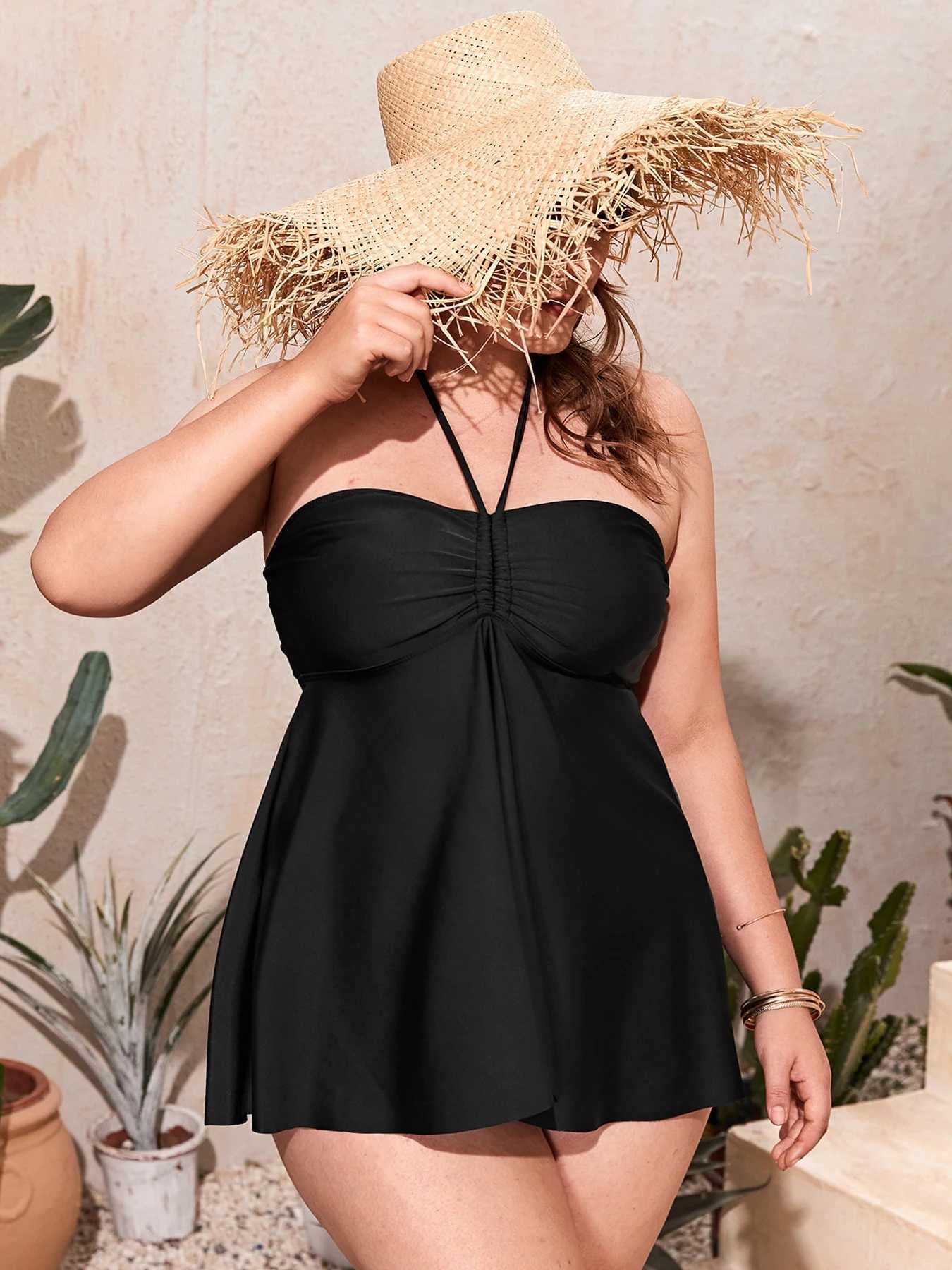 VigoJany 2025 Black Halter Plus Size Tankini Swimwear Women Sexy Large Dr Bathing Suit Ladies Big Chubby Two Piece SwimsuitXJ240108