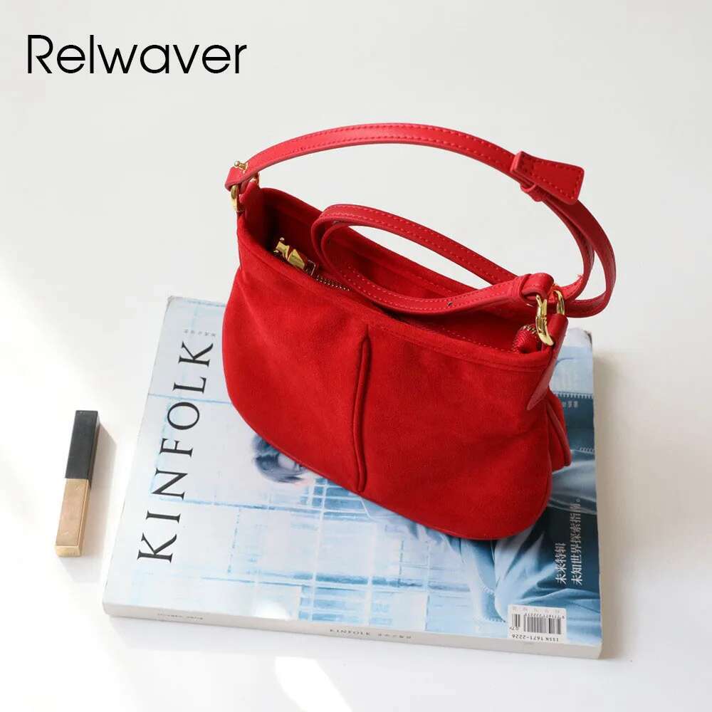 Relwaver Bucket Genuine Leather Sheep Suede 2025 Spring Red Coffee Fashion Women Shoulder Small Chic Crossbody Bag