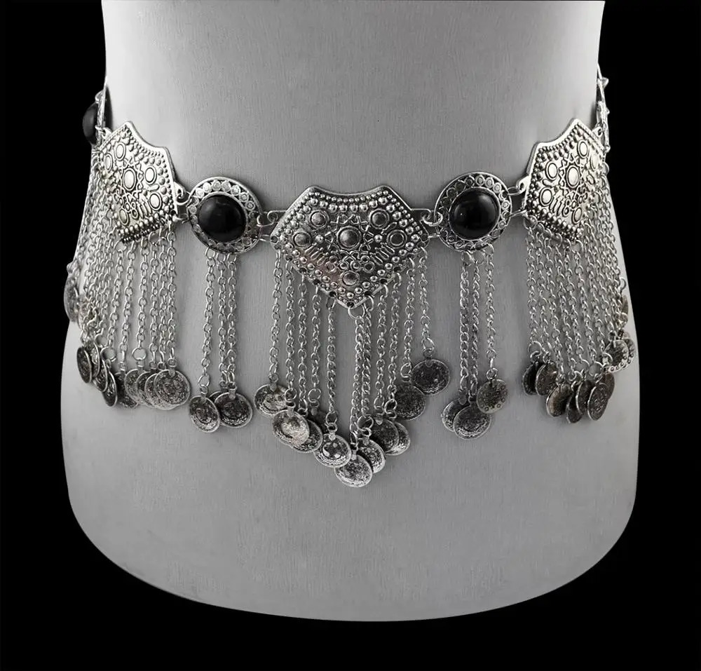 Vintage Gypsy Tribal Long Coin Tassel Ethnic Metal Waist Belly Chain Acrylic Gem Belts Turkish Afghan Dress Indian Body Jewelry 250107