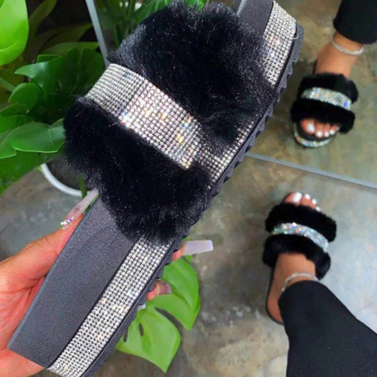 Winter Designer Fur Rhinestone Slippers Luxury Fur Slippers Platform Wedges 2025 Fluffy Slides for Women Sexy Casual Ladies Outside Shoes 36-43