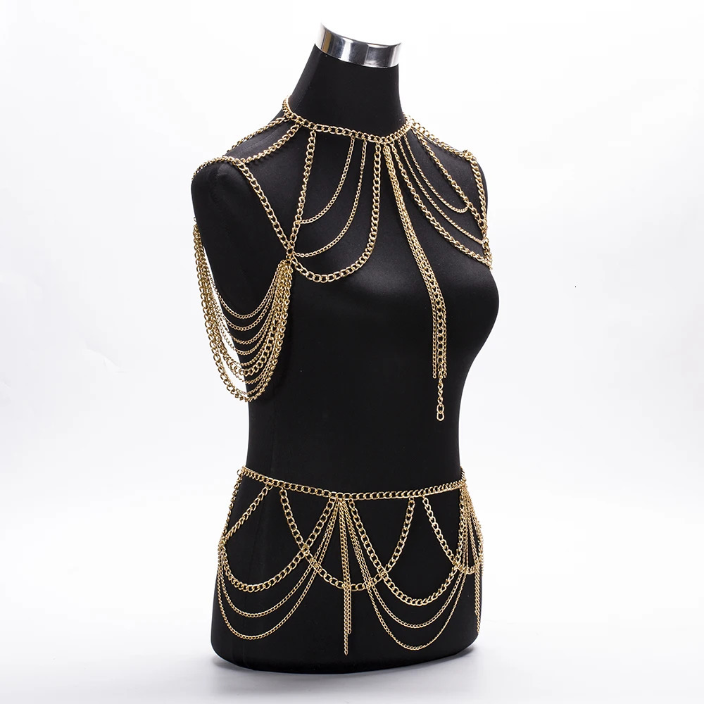 Fashion Jewelry Accessories ChestWaist Chain Set Heavy Metal Multilayer Tassel Gold Color Body Chain Necklace For Women 250107