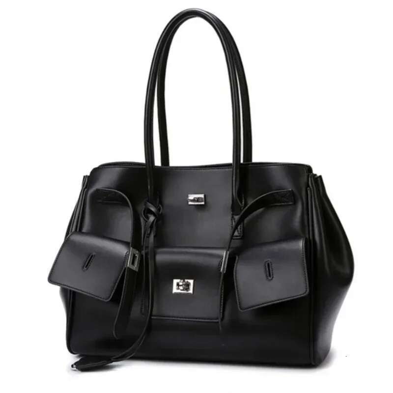 Meet You Design Large Capacity Black Pu Leather Tote Ladies Multi-Pocket Shoulder Bag Office Lady Commuter Handbag