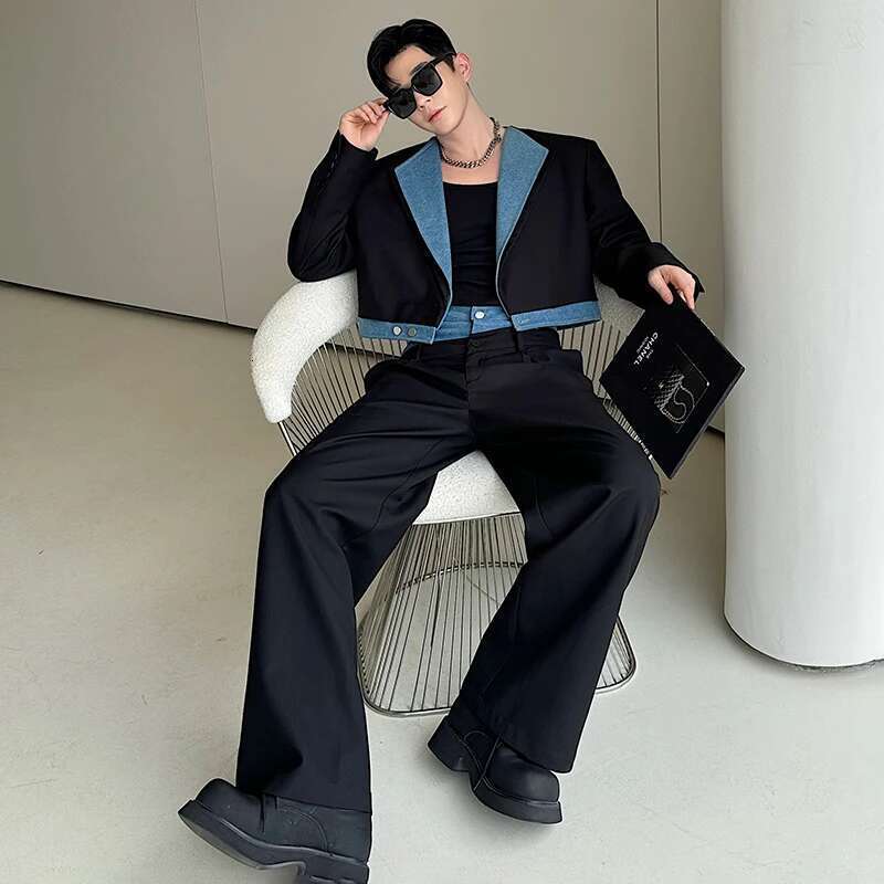 Denim Patchwork Short Suit Jackets Elegant Two Piece Color Contrast Design Personalized Trendy Straight Pants Sets