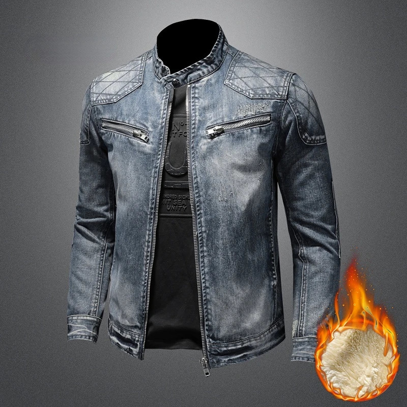 2023 Denim Jacket Mens Mock Neck Zipper Slim Fit Blue 250107