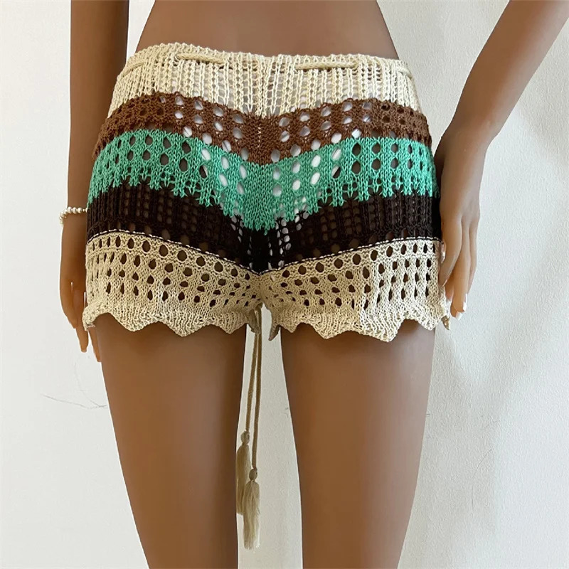 Lamuusaa Summer Skirt Cover Up Women Contrast Stripe Drawstring Hollow Out Crochet Knitted Skirts Sarongs Swimwear Beachwear 250108