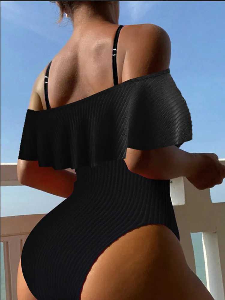 2024 Swimwear Women Sexy Bikini One-Piece Swimsuit Off Shoulder Ruffd Bathing Suit Woman Swimming Suit Beach Wear MonokiniXJ240108
