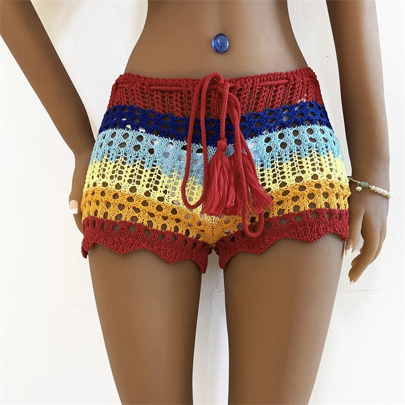 Lamuusaa Summer Skirt Cover Up Women Contrast Stripe Drawstring Hollow Out Crochet Knitted Skirts Sarongs Swimwear Beachwear 250108
