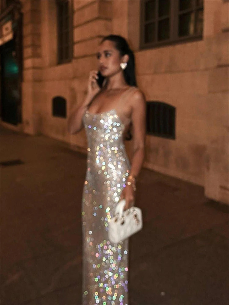 Ladies Autumn Bling Glitter Sequins Fashion Evening Party Dress Women Sleeveless Backless Maxi Dresses Clubwear Fall Outfits 250109