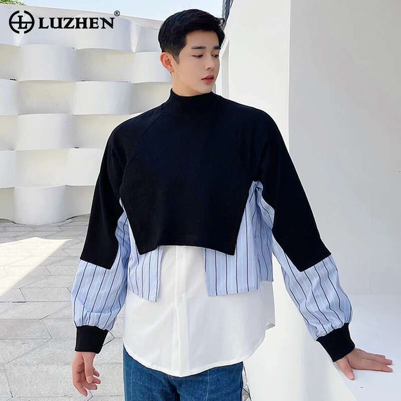 Stripe Color Contrast Patchwork Design Long Sleeve Fake Two Piece Men Autumn New Fashion Personality Sweater
