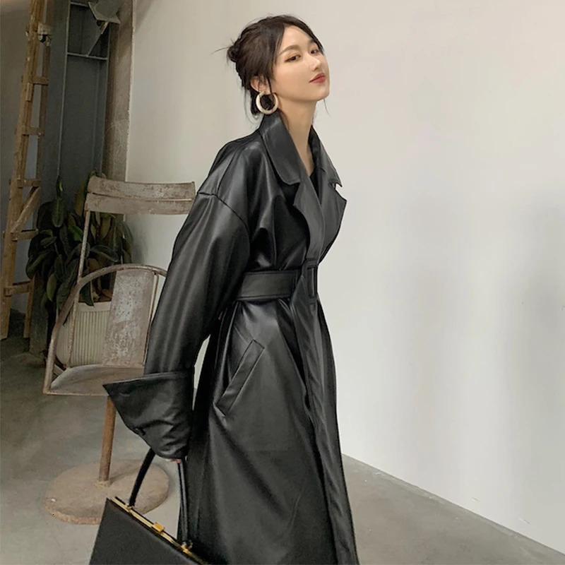 Lautaro Long oversized leather trench coat for women long sleeve lapel loose fit Fall Stylish black clothing streetwear 250103