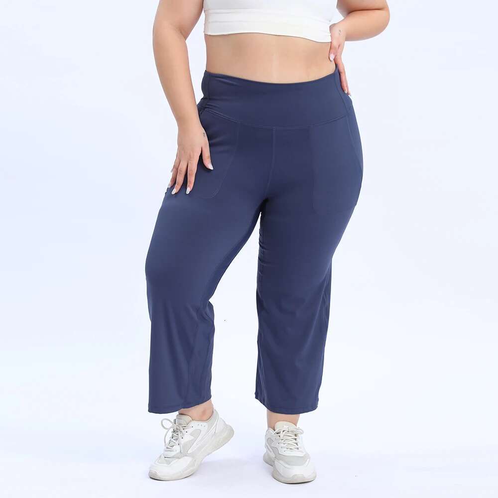 Vnazvnasi Nylon Plus Size Women Yoga Middle Waist Wide-Legged Trousers With Pockets 2 Sides Fiess Seven-Minute Pants