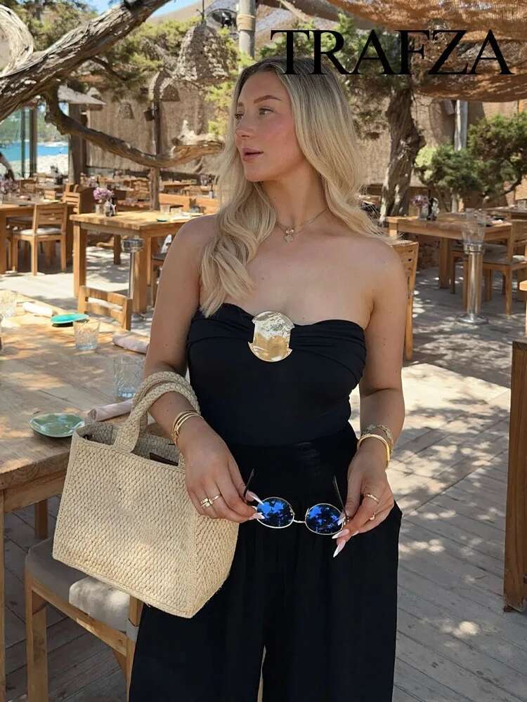TRAFZA 2024 Summer Metallic Solid Color Sexy Women's Sleeveless Backless Pleated Beach Party Jumpsuit