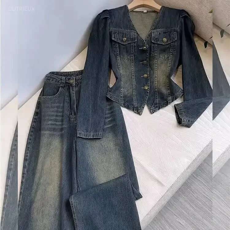 V Neck Denim Coat Wide Leg Jeans Trousers 2 Piece Sets Womens Outfits Y2k Suits Vintage Autumn Winter Jacket Loose Pants