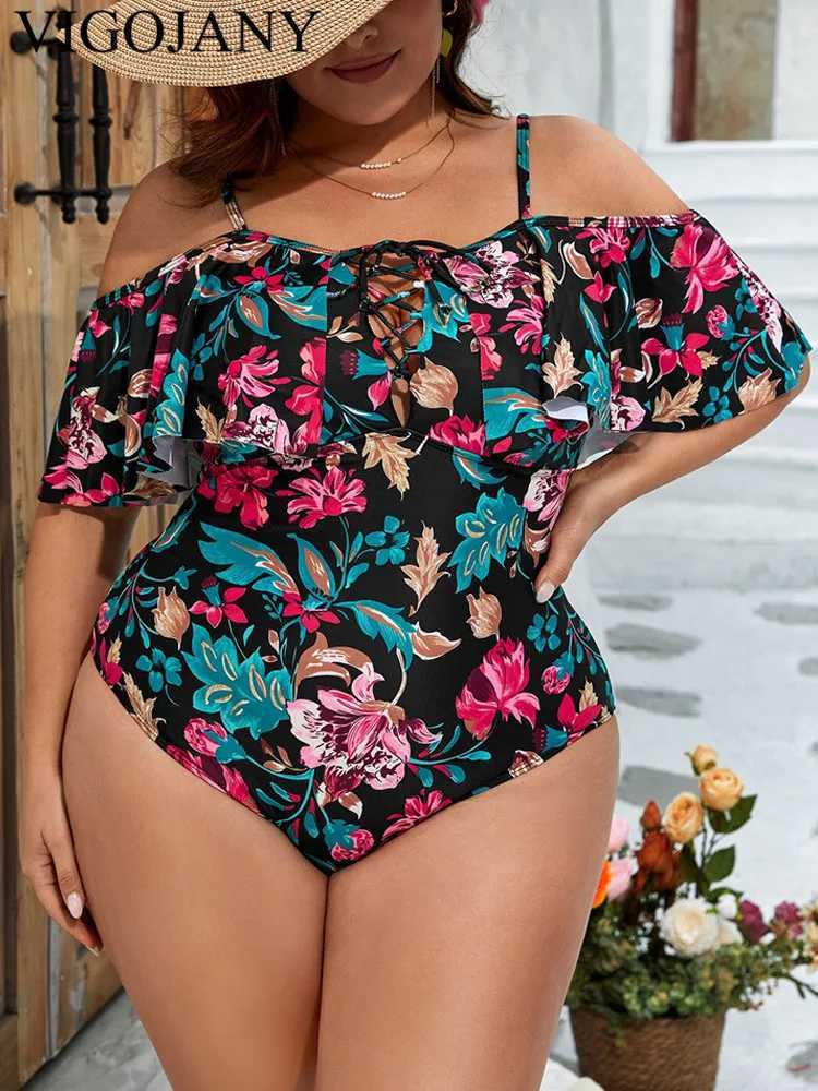VigoJany 2025 Print Strapped Plus Size Swimwear Women Verge Push Up Large One Piece Swimsuit Beach Chubby Big Bathing SuitXJ240108