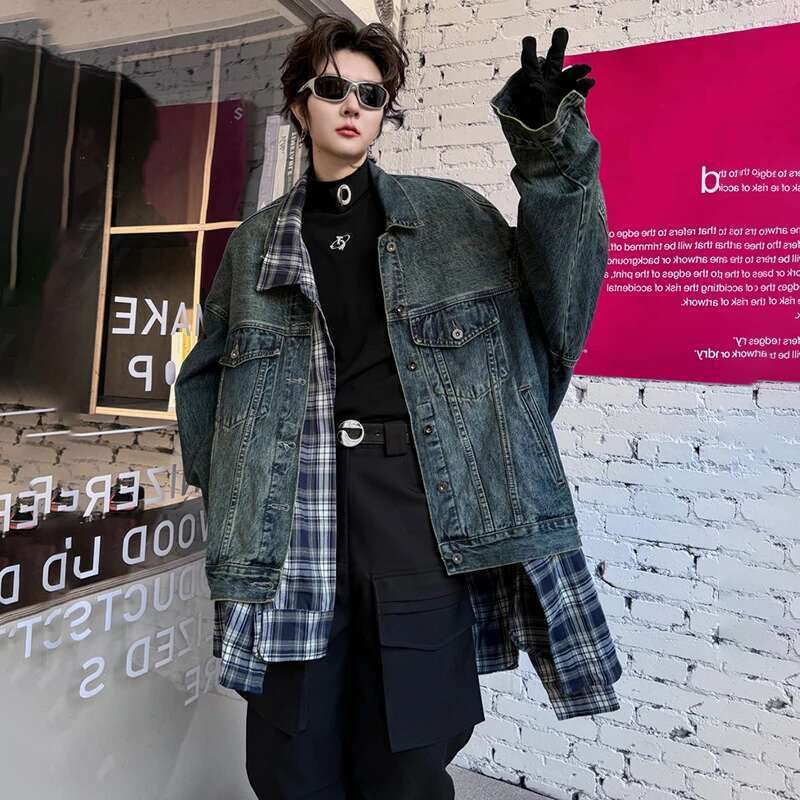 Autumn Fashion Checked Loose Shirts Splicing Design Denim Jackets Men's High Street Trendy Fake Two Piece New