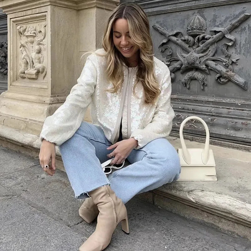 Xpqbb y Sequin Bomber Jackets Women Fashion Shiny Round Collar Zipper Baseball Coat Female Streetwear Y2K Sexy Outerwear 250109