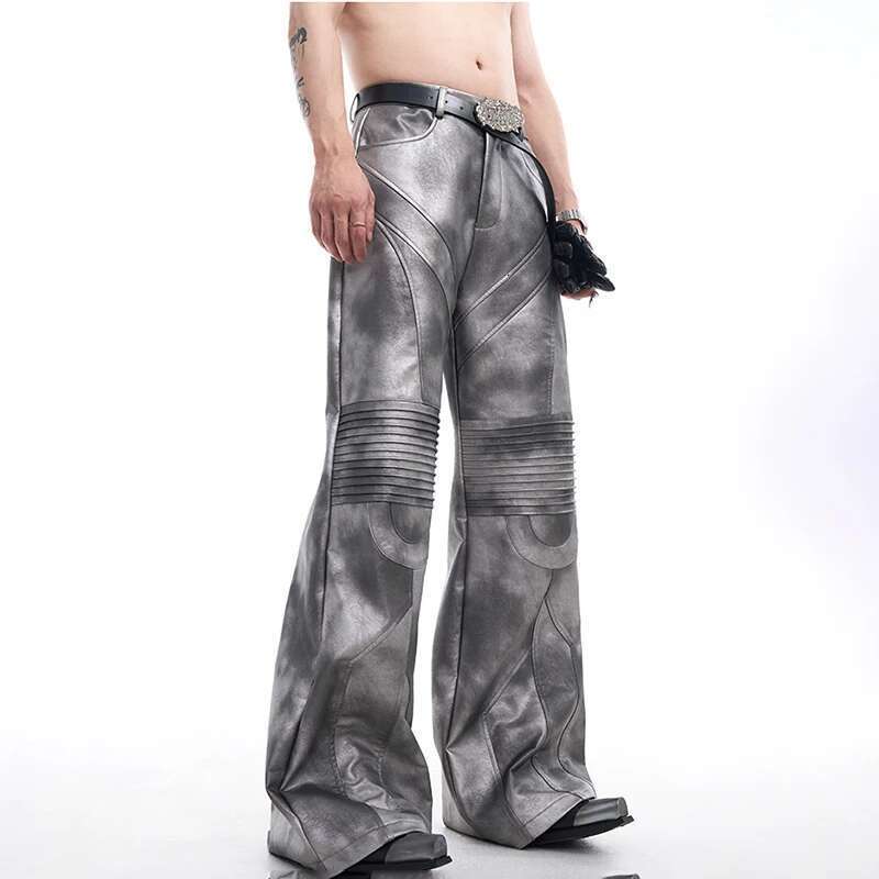 Liquid Design Pleated Leather Jacket Streetwear Elegance Motorcycle Clothing High End Pants Male New