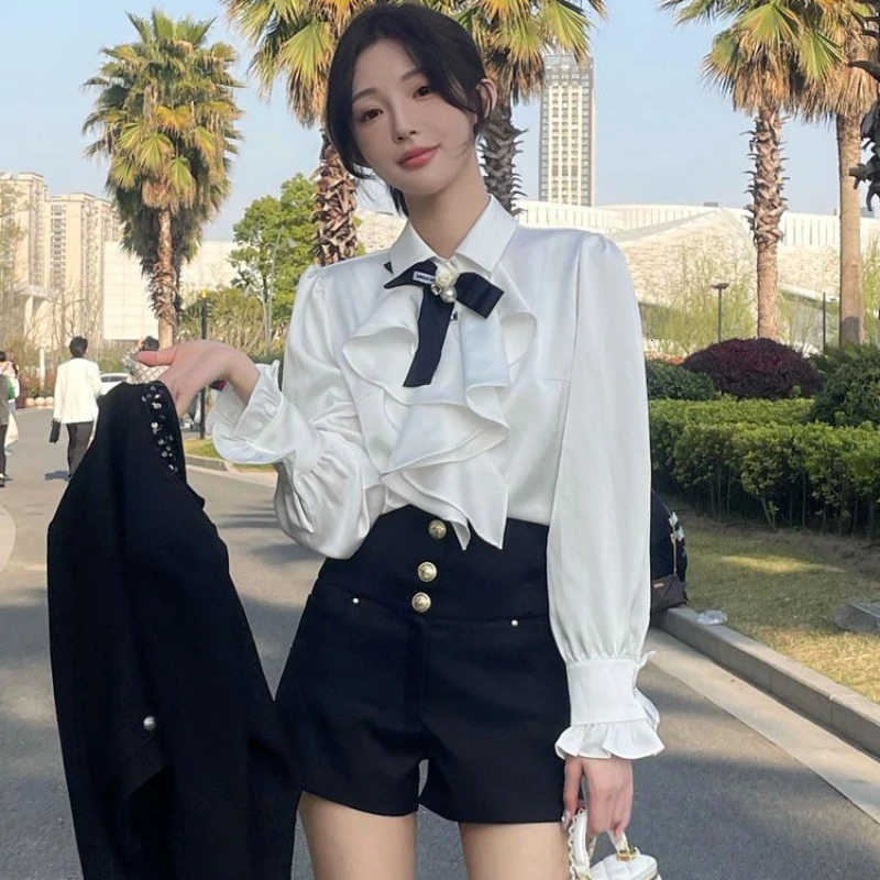 White Shirts Woman Lace Ruffles Blouses Sweet Female Peter Pan Coller Crop Long Sleeve Tops Preppy Ladies Temperament Q190 250109