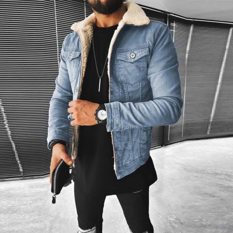 EuroAmerica Denim Jacket Punk Fleece Mens Winter Korean Fashion Men Clothing 250107