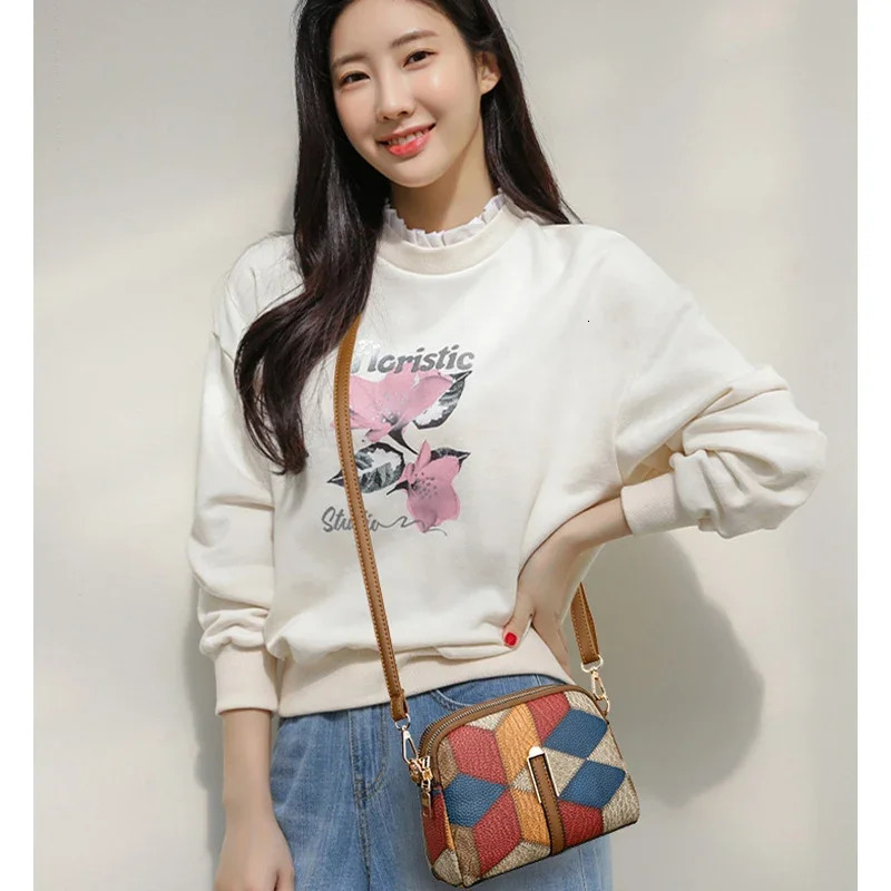 XOUHAM Color Block Shoulder Bags for Women National Style Double Zipper Crossbody Bag Ladies PU Leather Wallet Fashion Handbags 250106