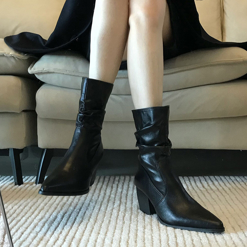 2025 new Elastic Casual Fashion Chunky Ankle Boots Square Toe Leather Brand Designer Female Shoes Autumn Booties d31f